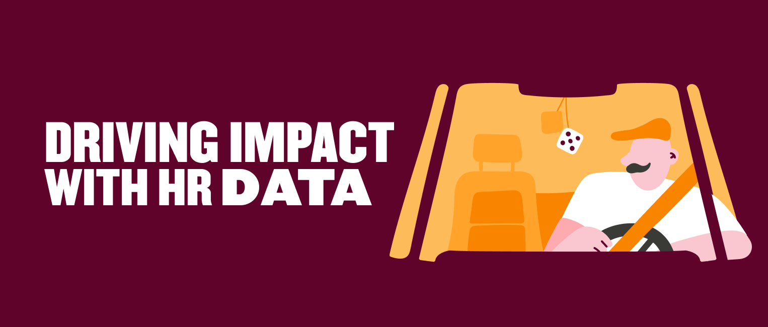 driving impact with HR data, illustration of a person in a car driving, emphasizing the use of HR analytics and data